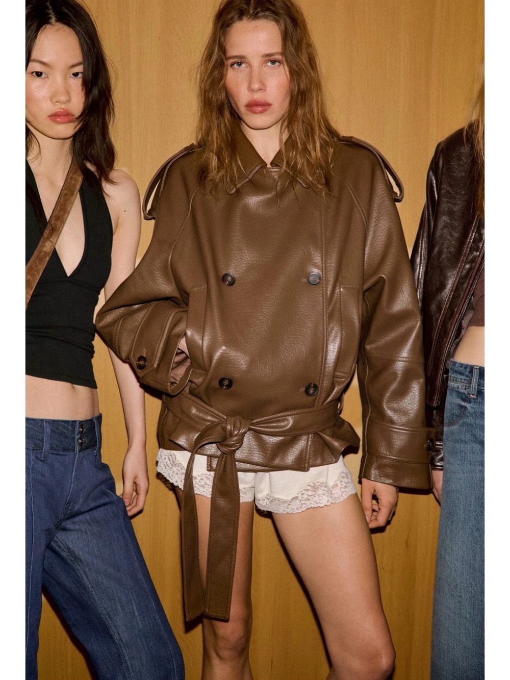 Zara Brown Vegan Leather Belted Trench Jacket